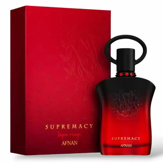 frasco de perfume supremacy tapis rouge afnan para mujer de 100 mililitros con diseño rojo elegante
