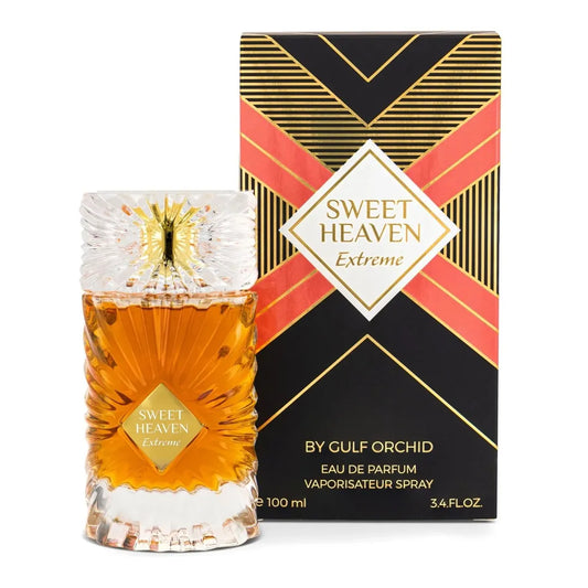 Perfume Sweet Heaven Extreme Gulf Orchid 100ml botella elegante con diseño dorado sobre fondo neutro