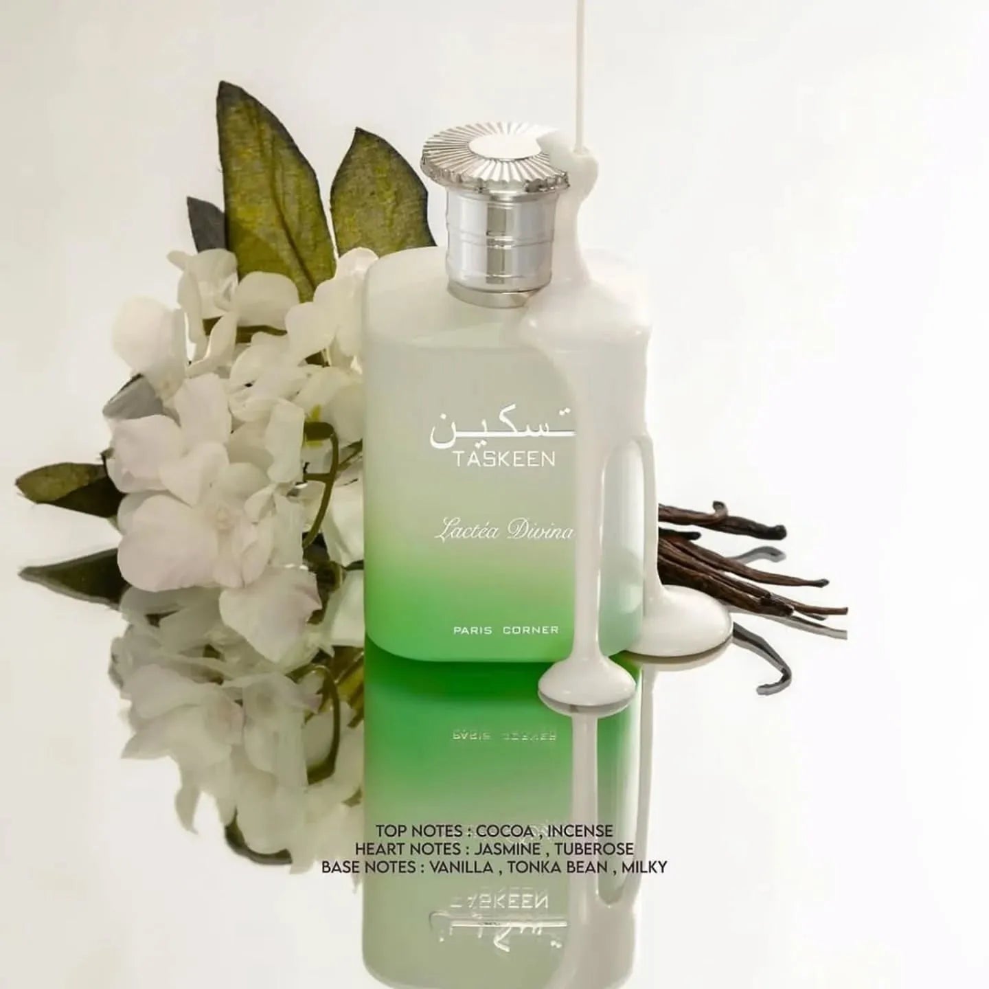 imagen artística del perfume taskeen lactea divina paris corner sobre fondo neutro destacando su esencia floral gourmand