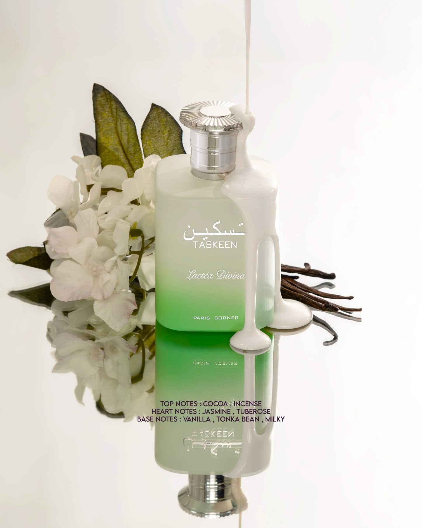 foto del perfume taskeen lactea divina paris corner 100 ml resaltando su diseño sofisticado y estilo femenino