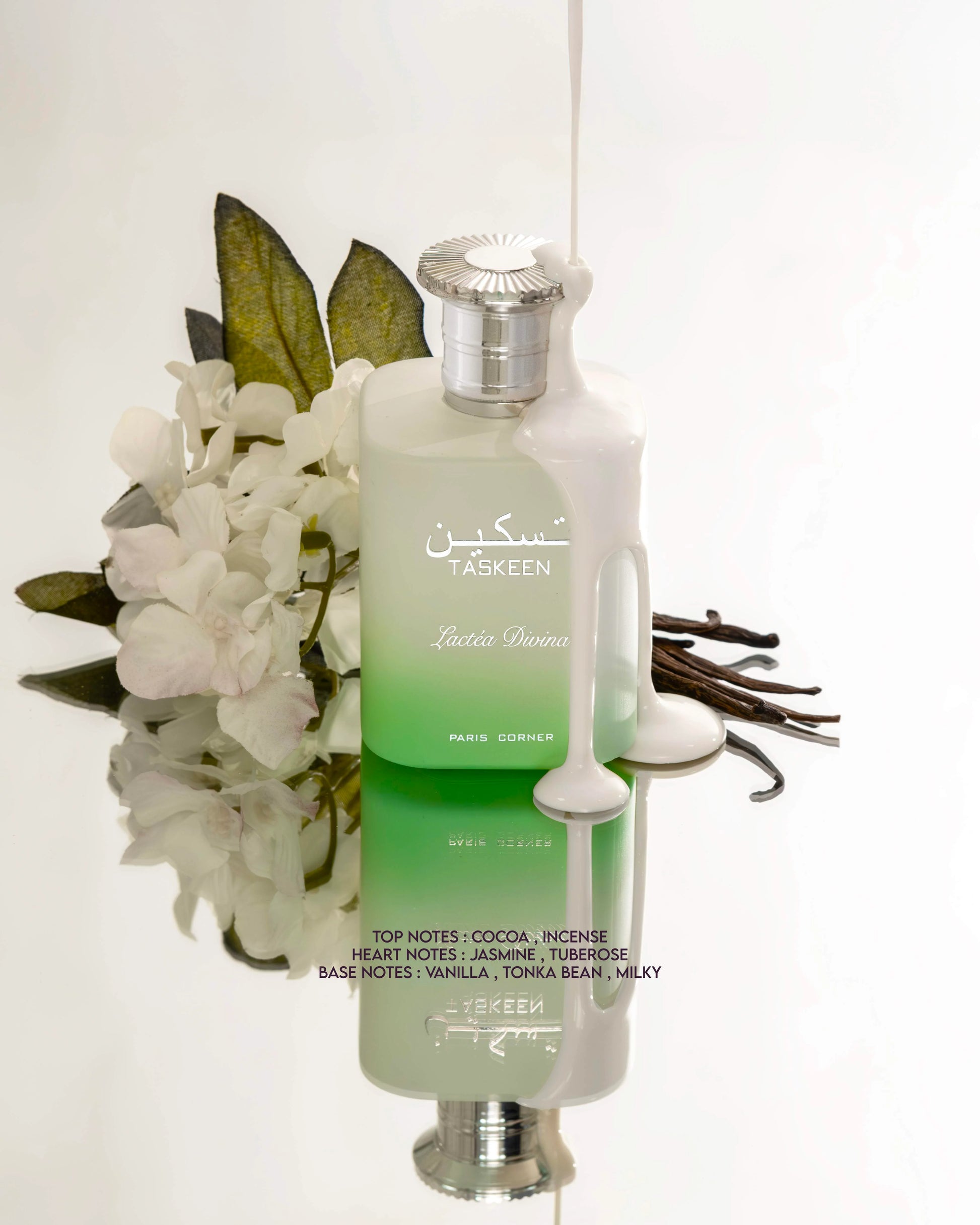 foto del perfume taskeen lactea divina paris corner 100 ml resaltando su diseño sofisticado y estilo femenino