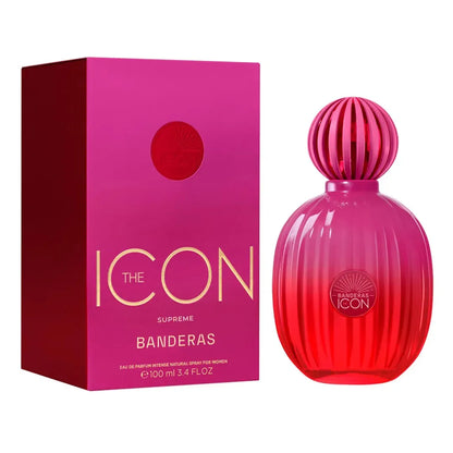 imagen del perfume the icon supreme mujer mostrando su frasco dorado elegante y sofisticado