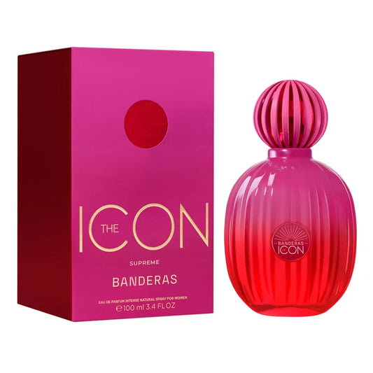 imagen del perfume the icon supreme mujer mostrando su frasco dorado elegante y sofisticado