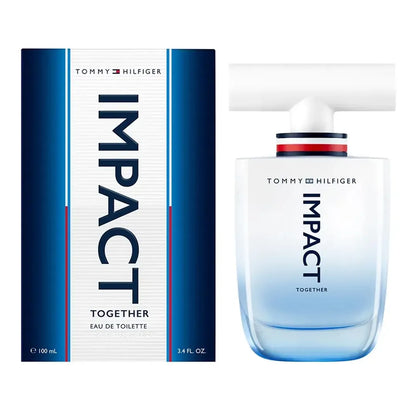 frasco de la colonia Tommy Hilfiger Impact Together Eau de Toilette de 100 ml mostrando su diseño transparente y azul