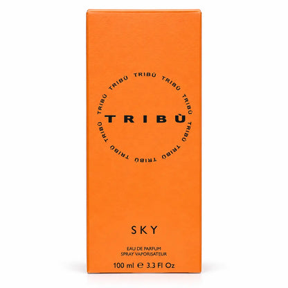 caja original de perfume tribu sky edp 100 ml unisex sobre fondo blanco