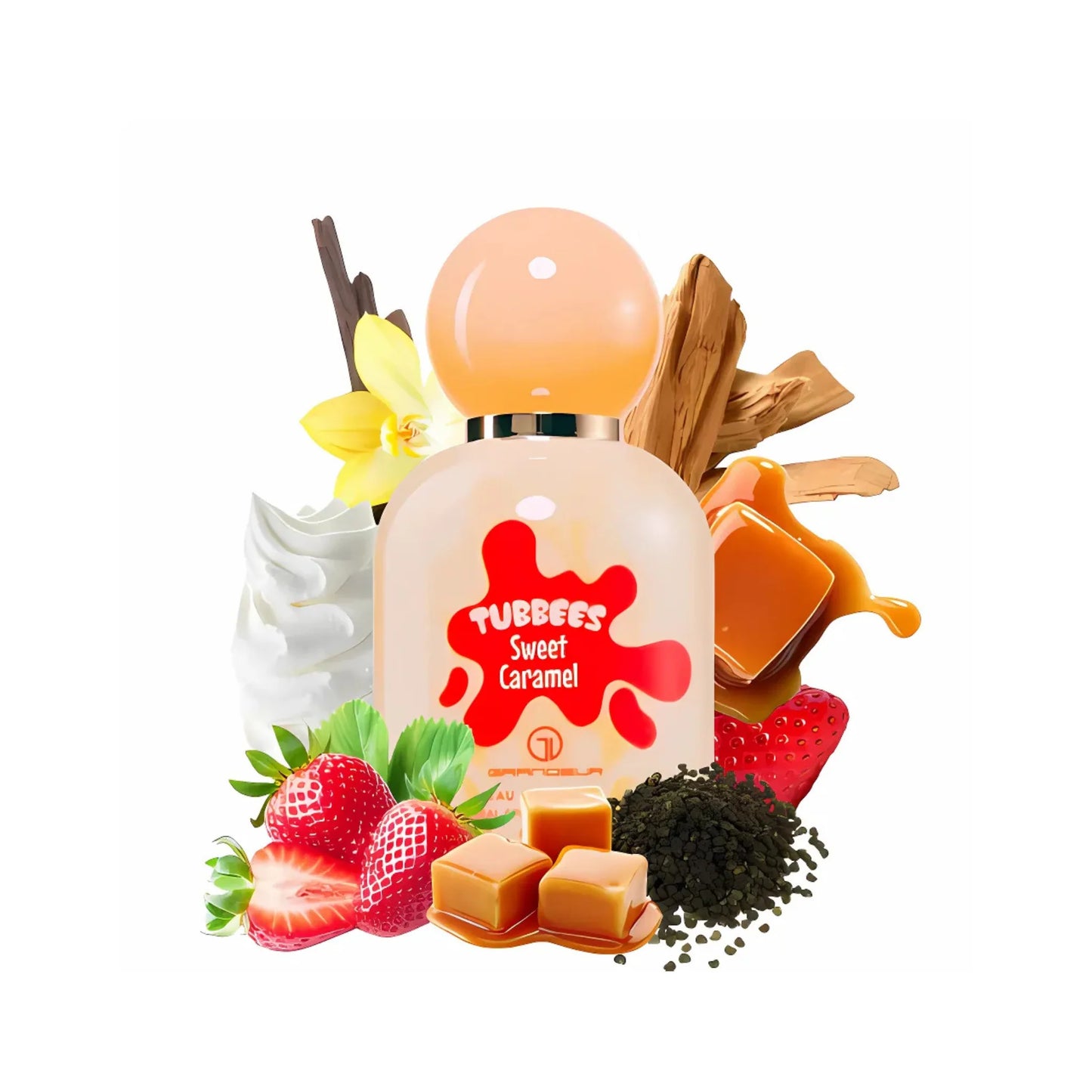 Perfume tubbees Grandeur Sweet Caramel EDP 50ml frasco acogedor con textura suave y forma curvada