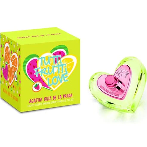 perfume tutti frutti love de agatha ruiz de la prada para mujer frasco de 80ml con aroma frutal dulce y diseño colorido
