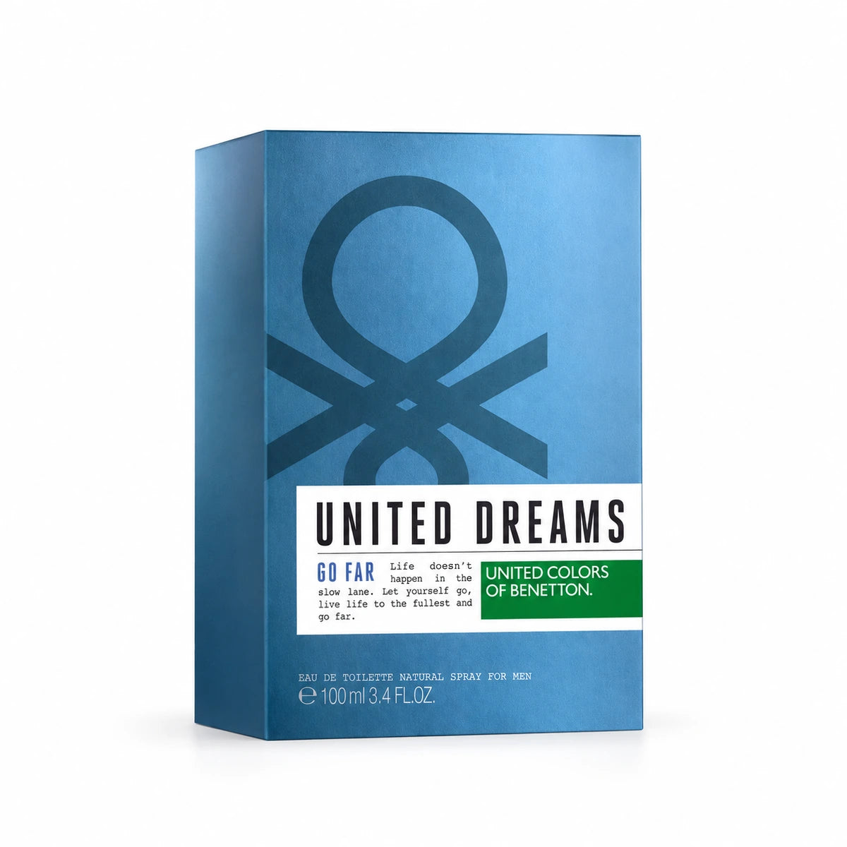 Empaque azul de Benetton United Dreams Go Far Eau de Toilette de 100 ml con logotipo y etiqueta blanca y verde sobre fondo blanco