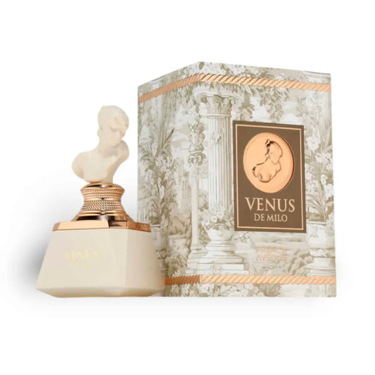 Botella de perfume Venus De Milo 100ml French Avenue sobre fondo blanco