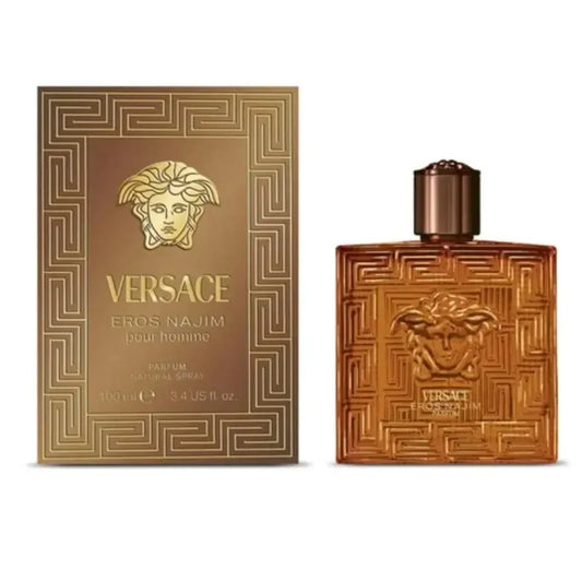Botella azul de Eros Najim Versace Parfum 100ml con diseño moderno y detalles dorados