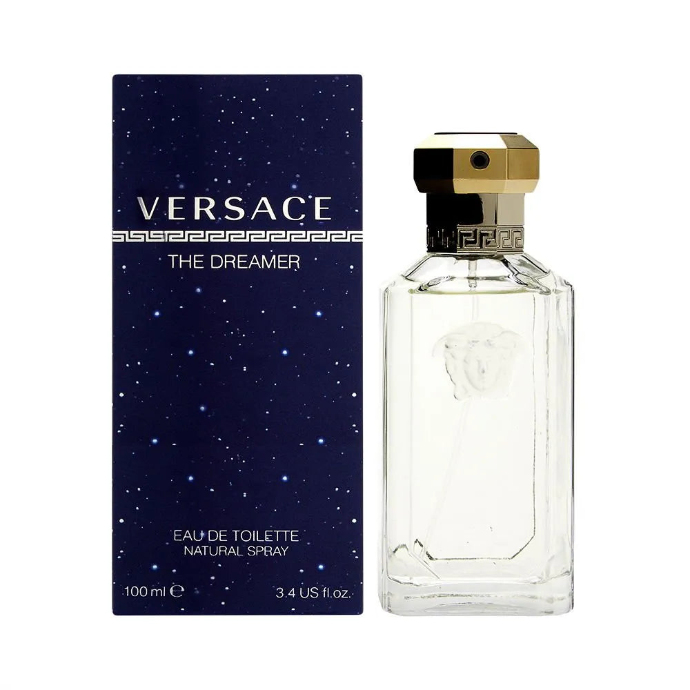 perfume versace the dreamer eau de toilette 100 ml frasco con su diseño transparente y tapa plateada sobre fondo blanco