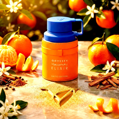 Vista frontal de Armaf Odyssey Mandarin Sky Elixir EDP 100ml, frasco de perfume unisex con composición cítrica, gourmand y amaderada