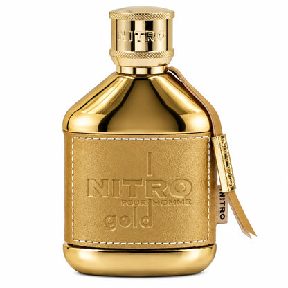 Vista frontal de Dumont Nitro Gold Extrait de Parfum 100ml, frasco de perfume masculino con composición frutal, acuática y amaderada