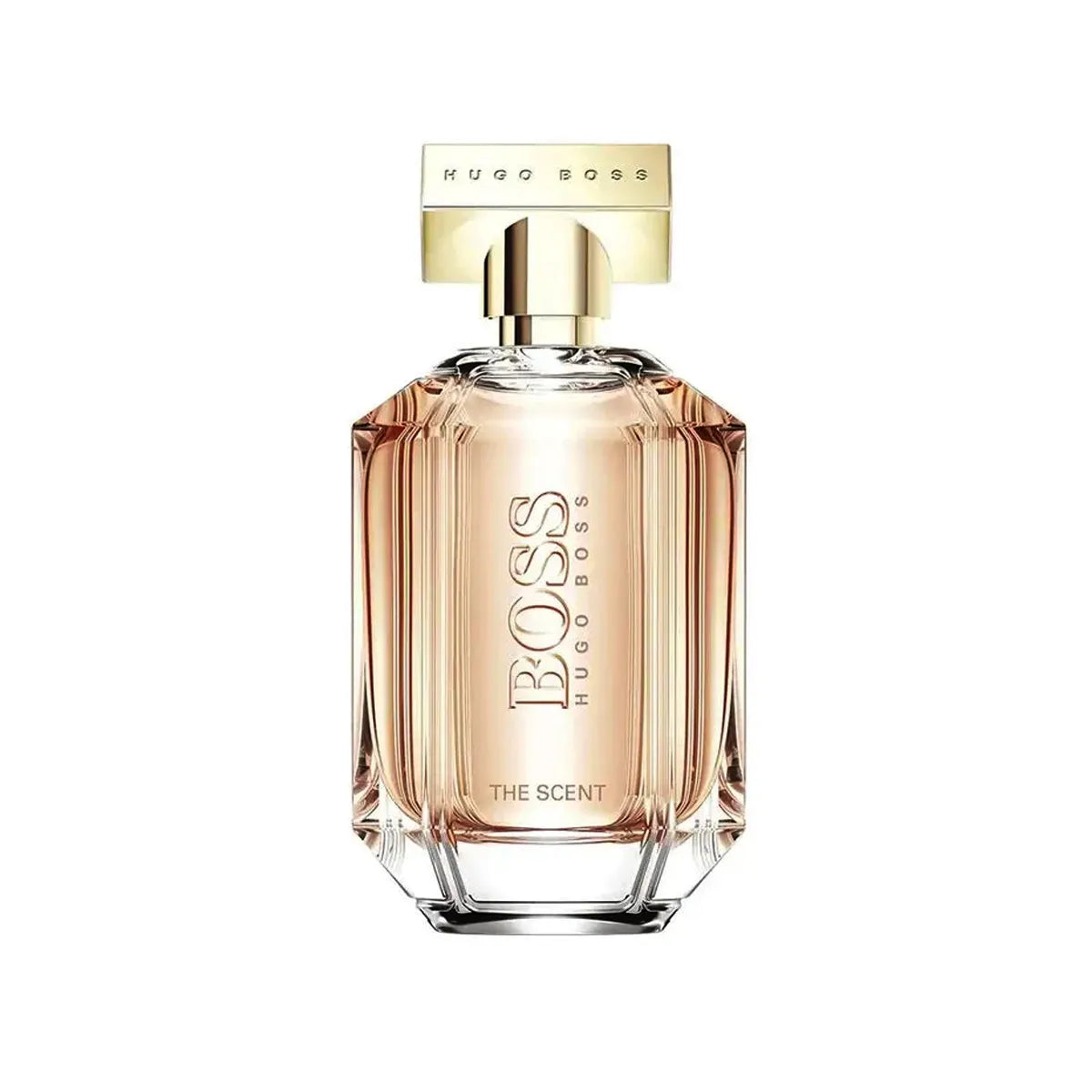 Vista frontal de Hugo Boss The Scent For Her EDP 100ml, frasco de perfume femenino con composición floral, frutal y gourmand