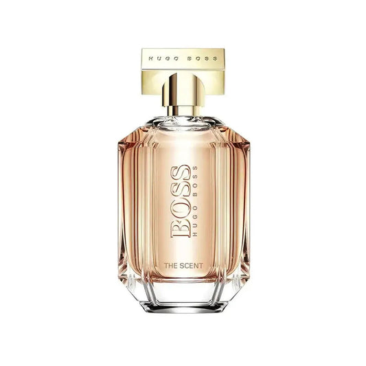 Vista frontal de Hugo Boss The Scent For Her EDP 100ml, frasco de perfume femenino con composición floral, frutal y gourmand