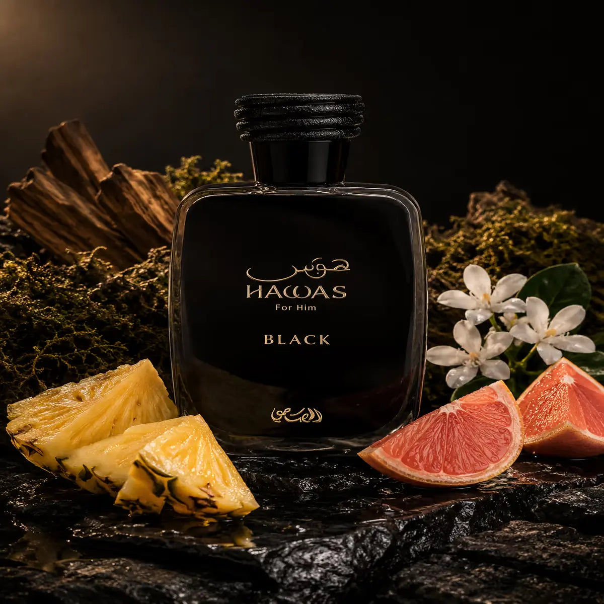 Vista frontal de Rasasi Hawas Black EDP 100ml, frasco de perfume masculino con composición cítrica, verde y amaderada