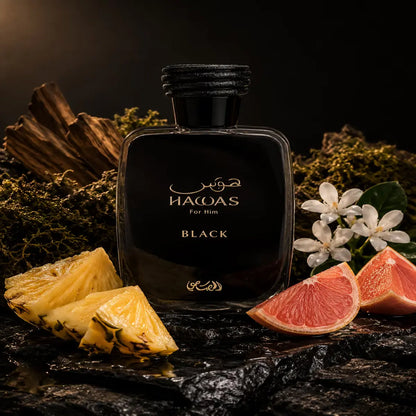 Vista frontal de Rasasi Hawas Black EDP 100ml, frasco de perfume masculino con composición cítrica, verde y amaderada