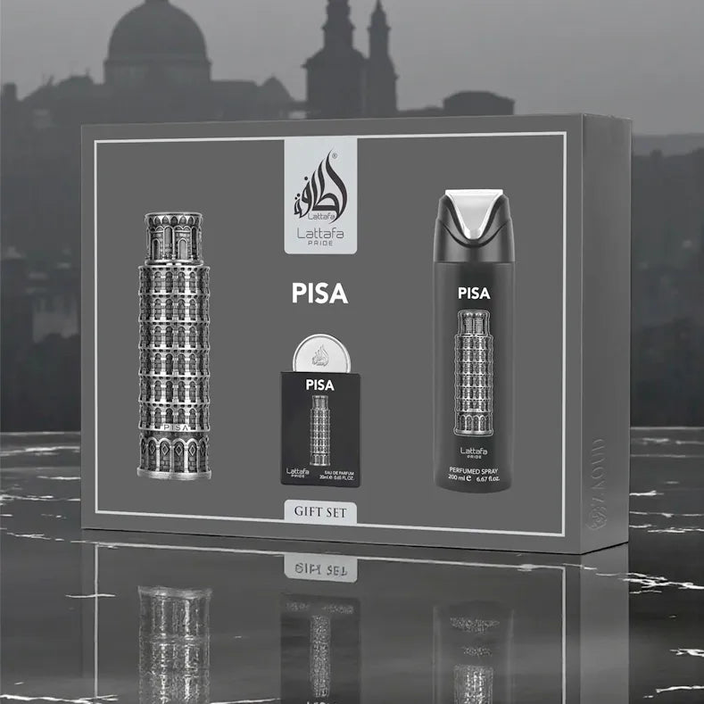 Frasco del perfume Pisa Lattafa Pride diseño elegante y moderno presentación estuche de 3 piezas