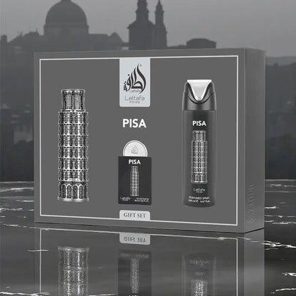 Frasco del perfume Pisa Lattafa Pride diseño elegante y moderno presentación estuche de 3 piezas