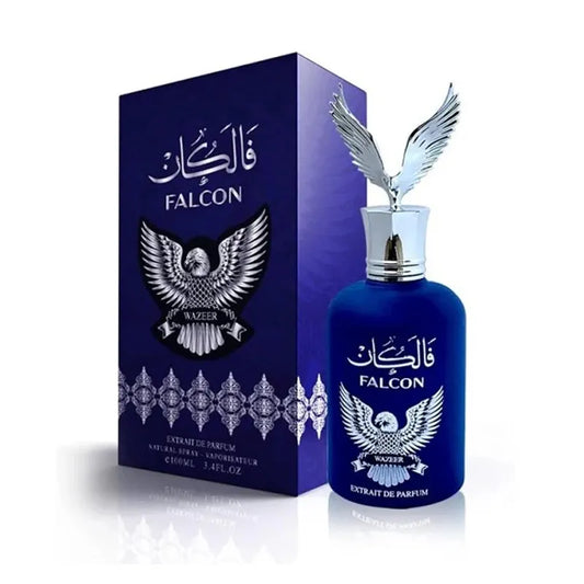 Botella negra y dorada de Falcon Wazeer Wadi Al Khaleej Extrait de Parfum 100ml con diseño de lujo árabe