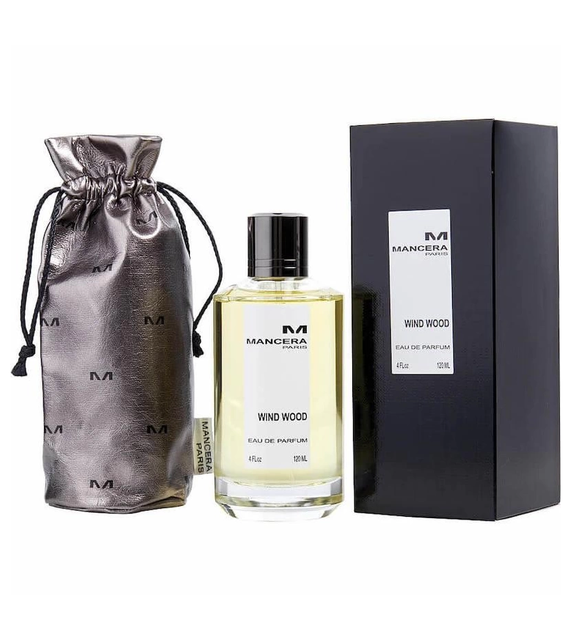 Caja del perfume Mancera Wind Wood con estilo sobrio y detalles dorados