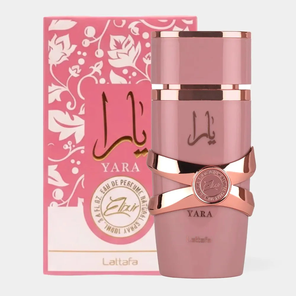 Perfume Yara Elixir Lattafa 100 ml vista frontal con frasco femenino y elegante