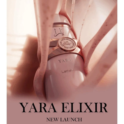 Presentación completa del perfume Yara Elixir Lattafa 100 ml con frasco y empaque