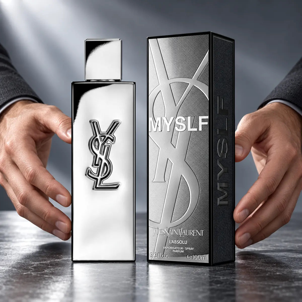 presentación publicitaria del perfume yves saint laurent myslf labsolu parfum 100 ml para hombre