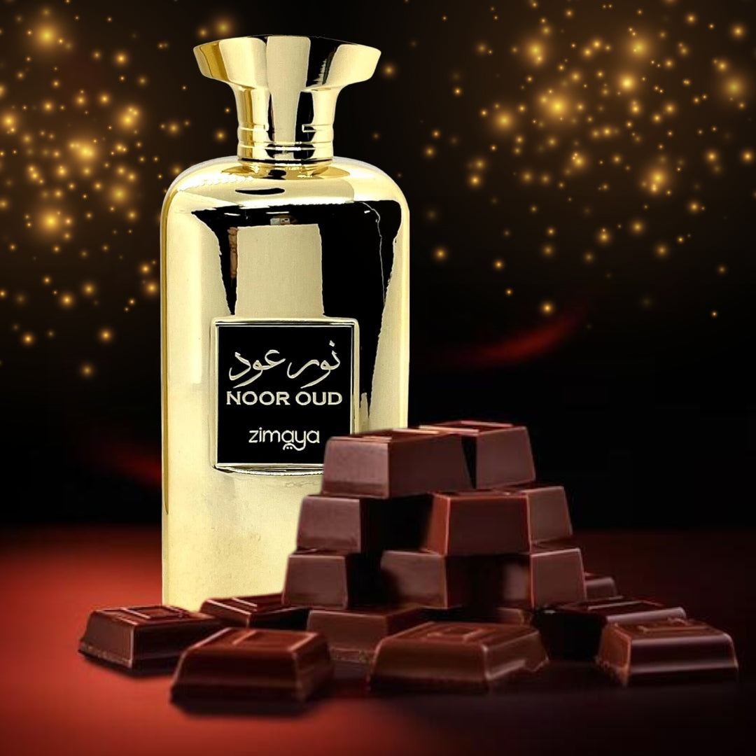 Perfume Zimaya Noor Oud EDP 100ml frasco de lujo con estuche elegante y diseño oriental