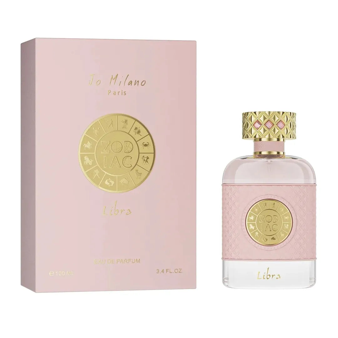 fotografia del perfume zodiac libra jo milano 100 ml vista frontal mostrando el frasco y su diseño femenino