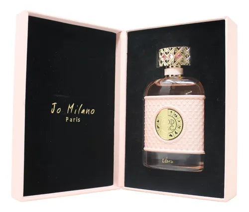 presentacion elegante del perfume zodiac libra jo milano 100 ml eau de parfum con frasco y caja organizados
